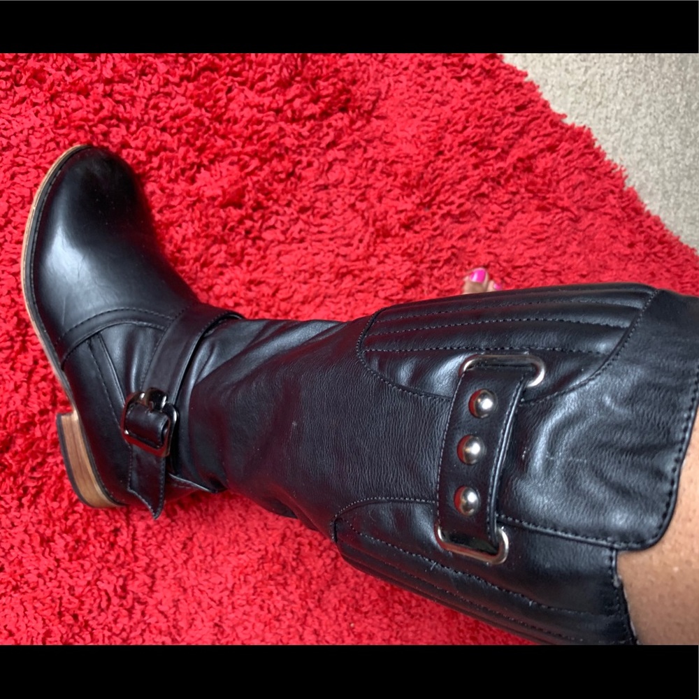 Black faux leather cowgirl boots